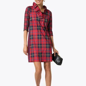 Gretchen Scott Plaidly Red Plaid Ruffle Neck Dress Small Holiday EUC